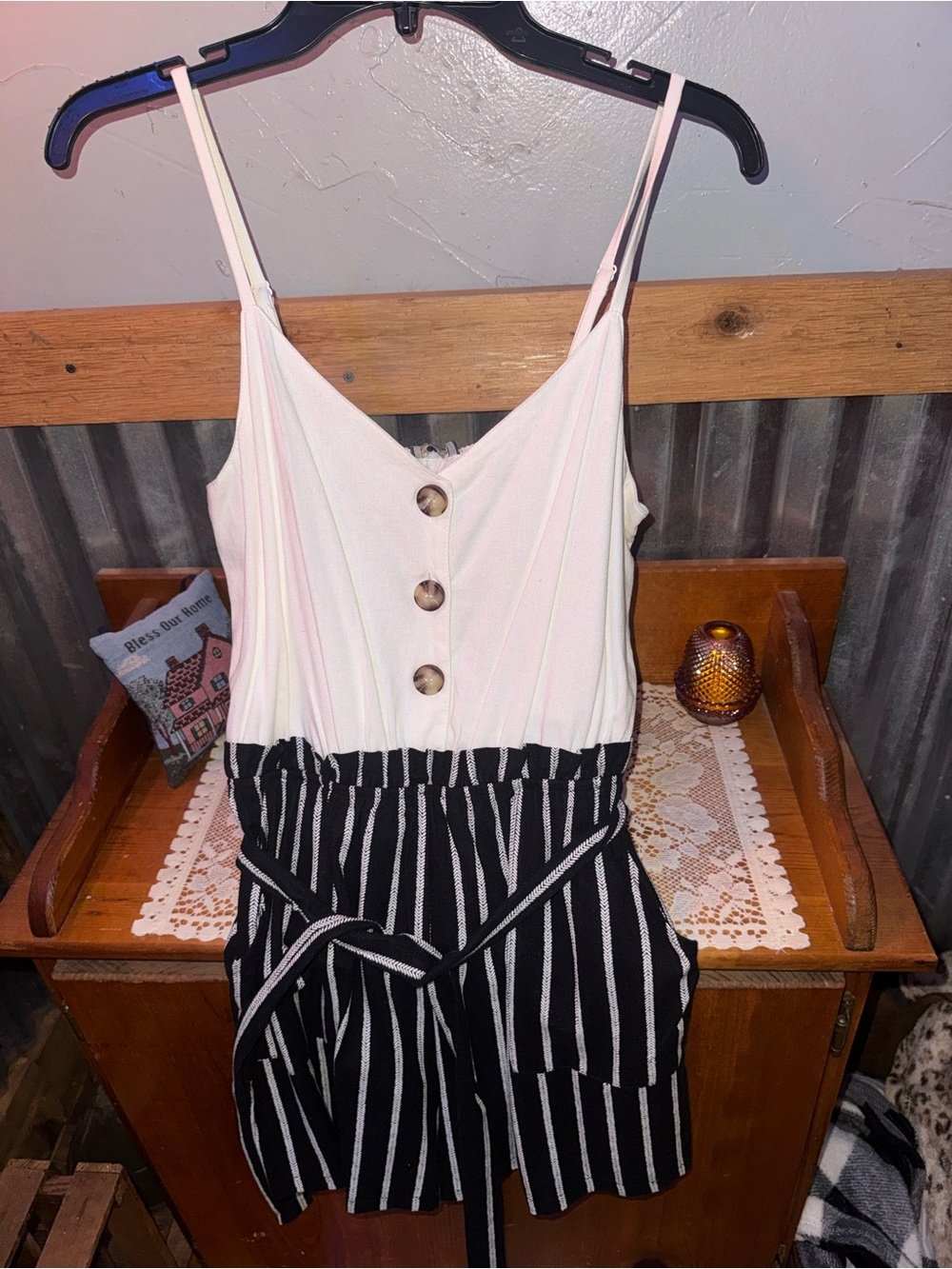 Lily Rose Romper Medium NWT Black Ivory Striped Tie Waist Adjustable Straps